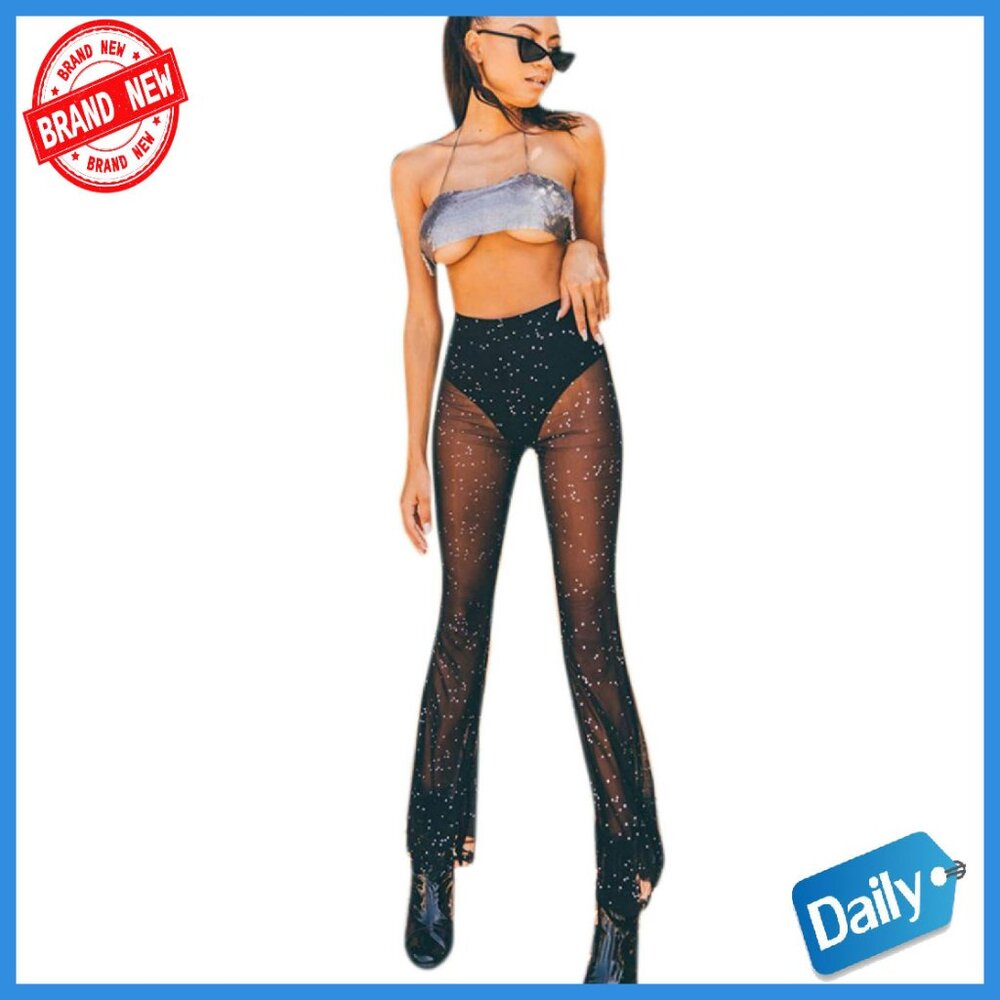 Sheer Mesh Flared Bell Bottom Pants Dance Festival Clubwear